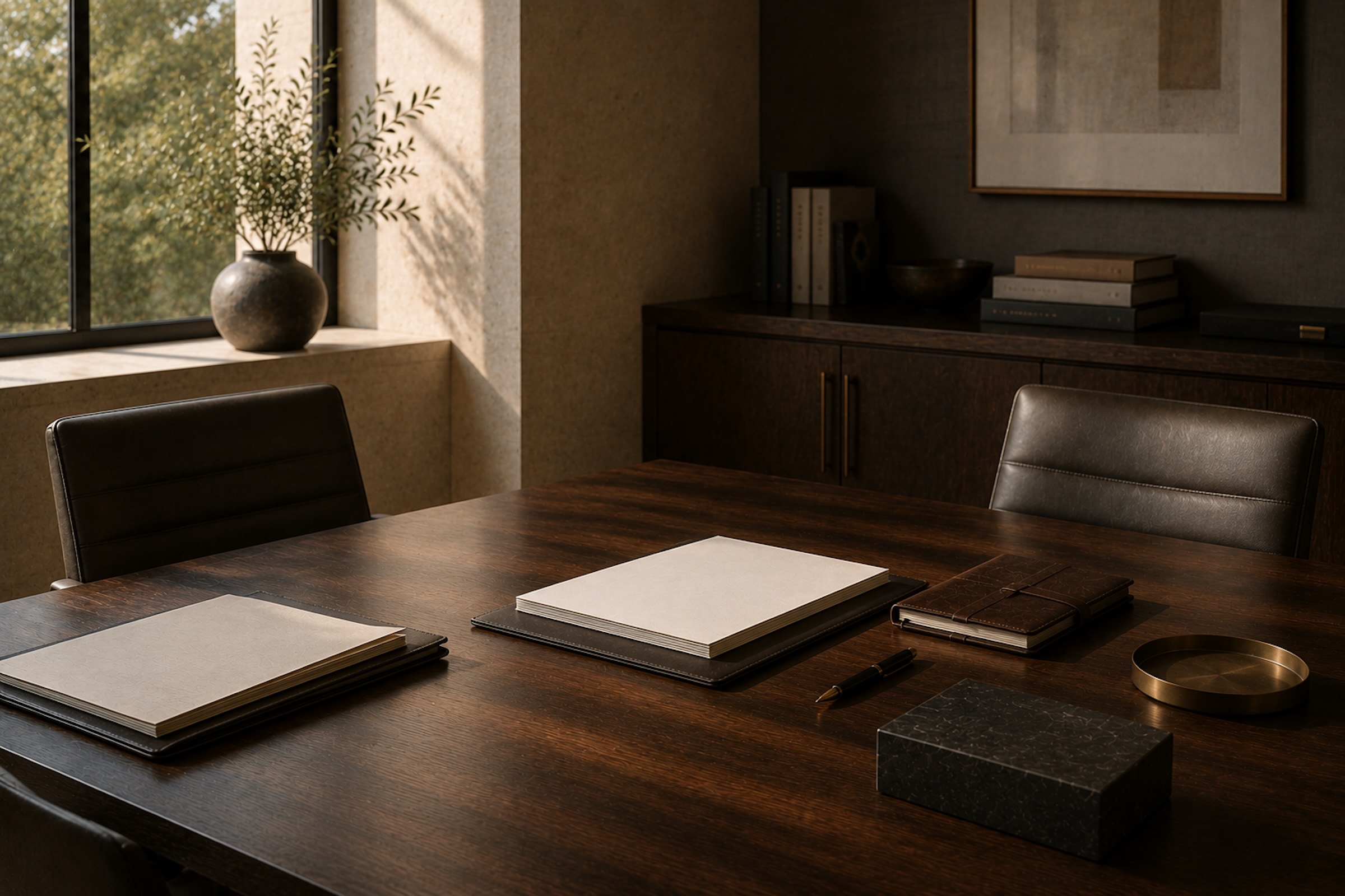 Quiet conference table with folders, a notebook, and warm office light.