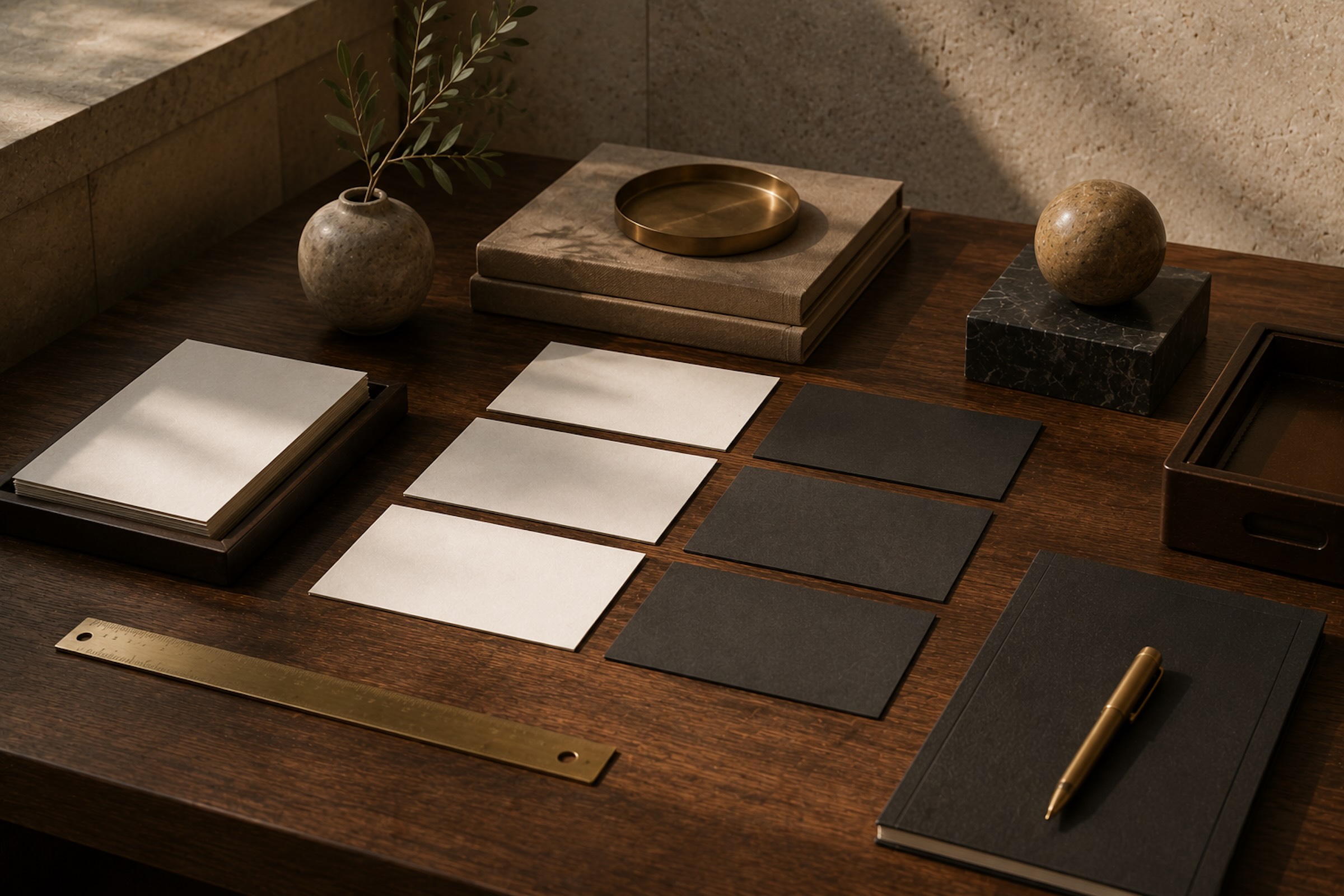 Refined portfolio review table with materials, blank cards, and architectural shadows.