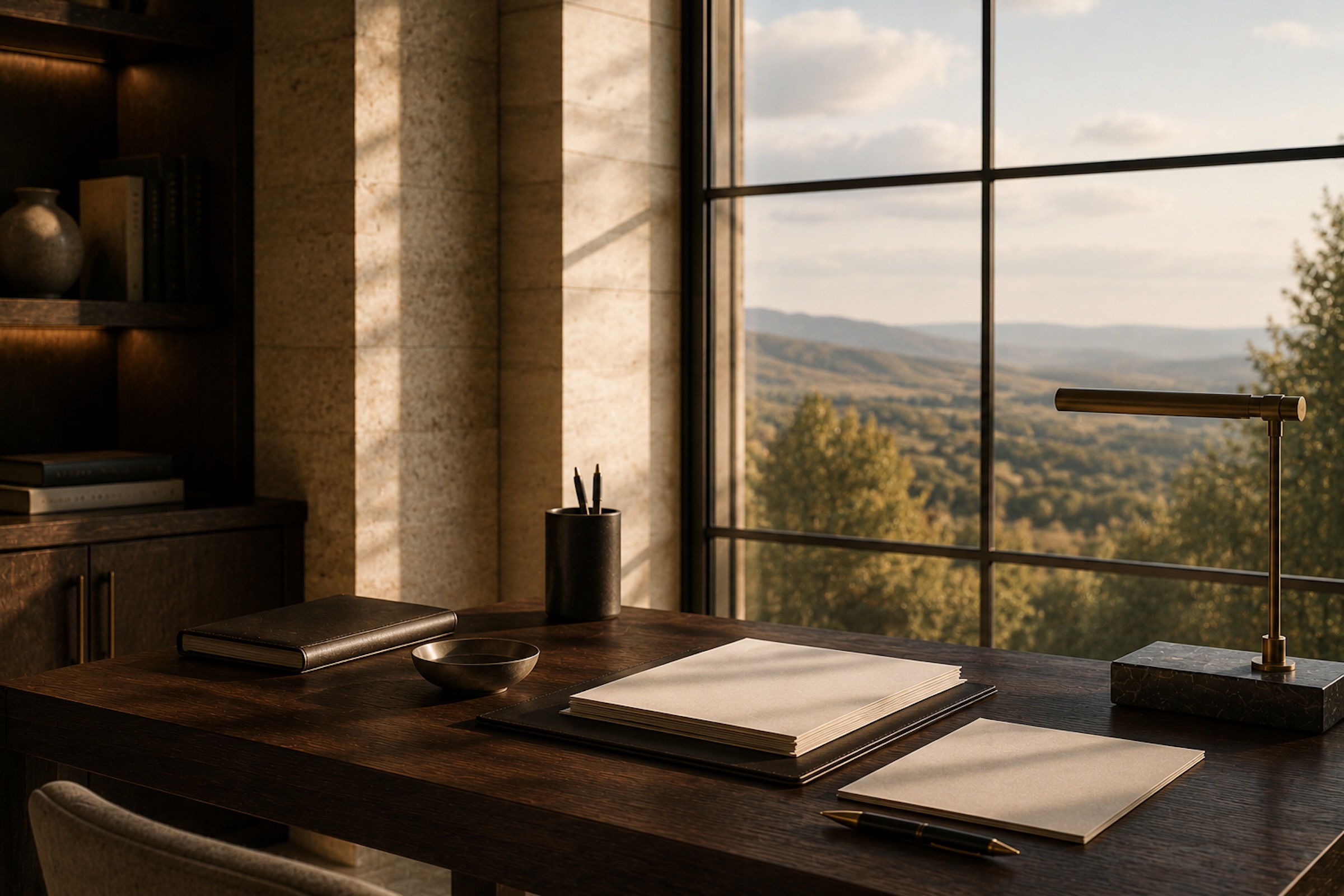 Quiet desk beside a window with a notebook and distant horizon.