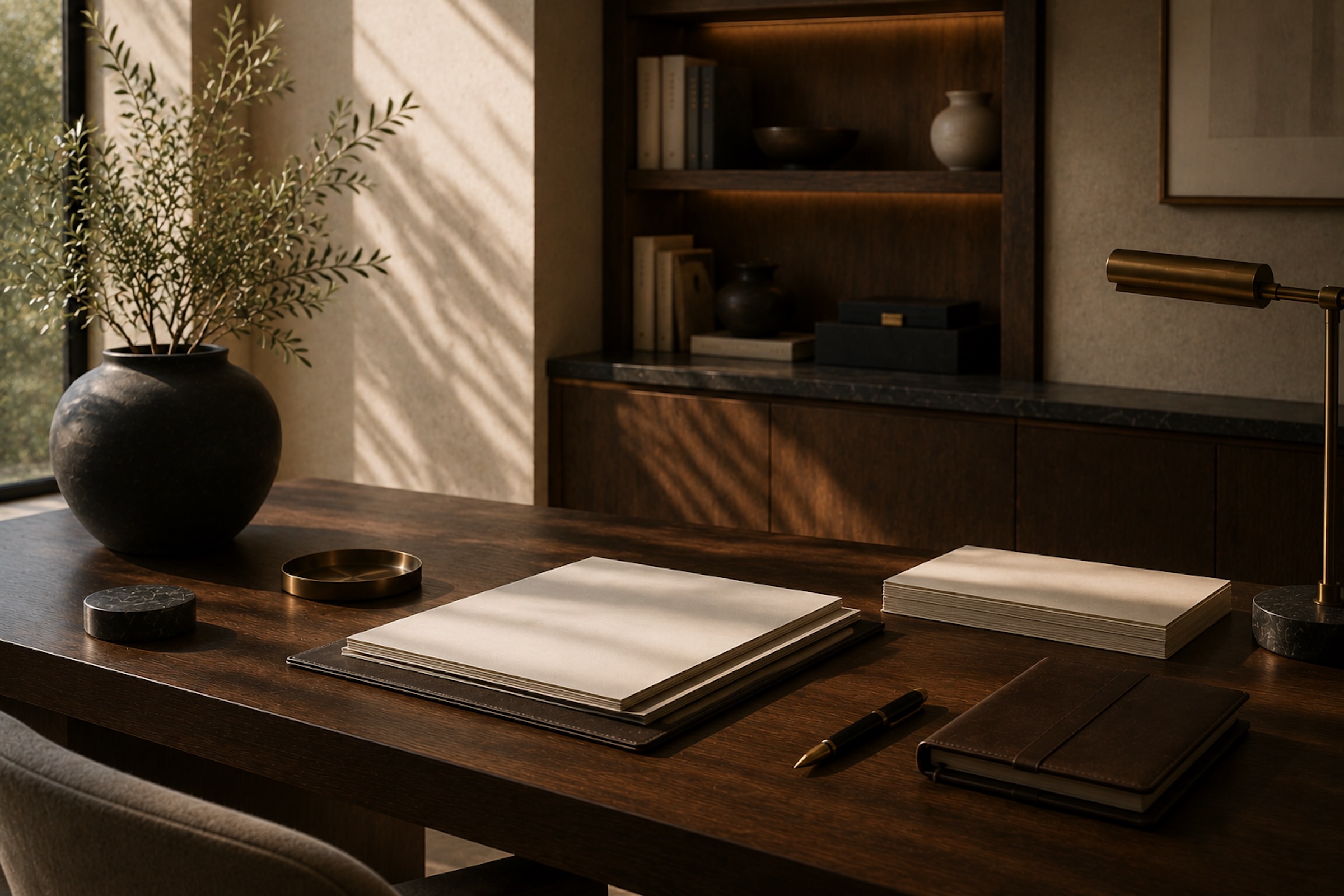 Organized tax documents on a walnut desk in soft directional light.